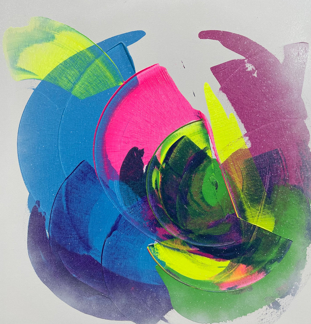 Abstract art piece with vibrant colors on a light gray background