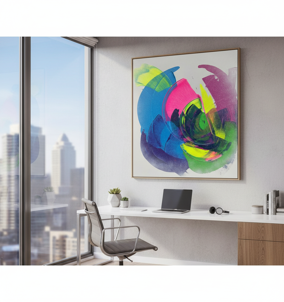 Modern office with a colorful abstract painting on the wall