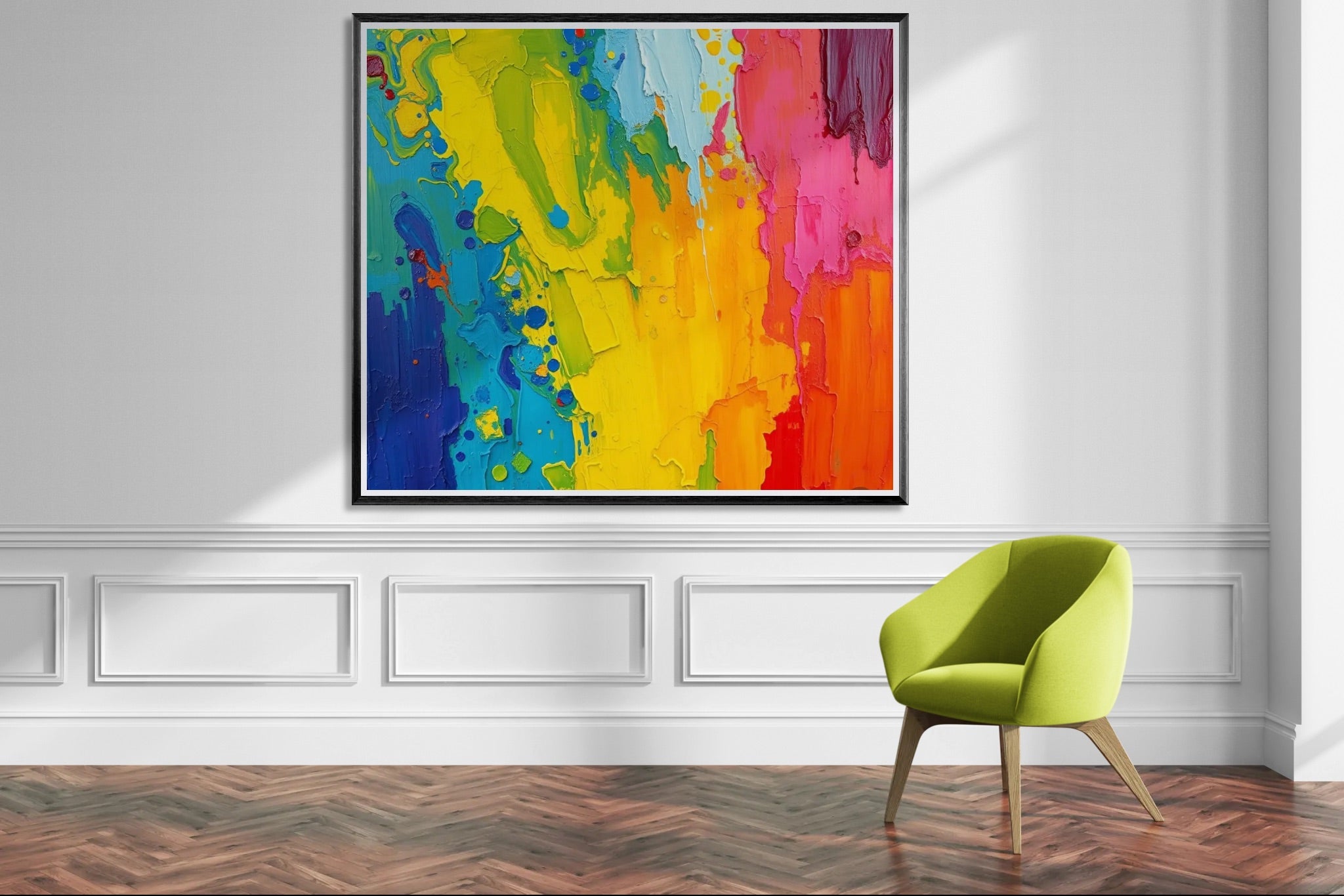 Emotion in Motion 100x100cm abstract art - vibrant multicolour palette knife painting with yellow, red, pink and blue.
