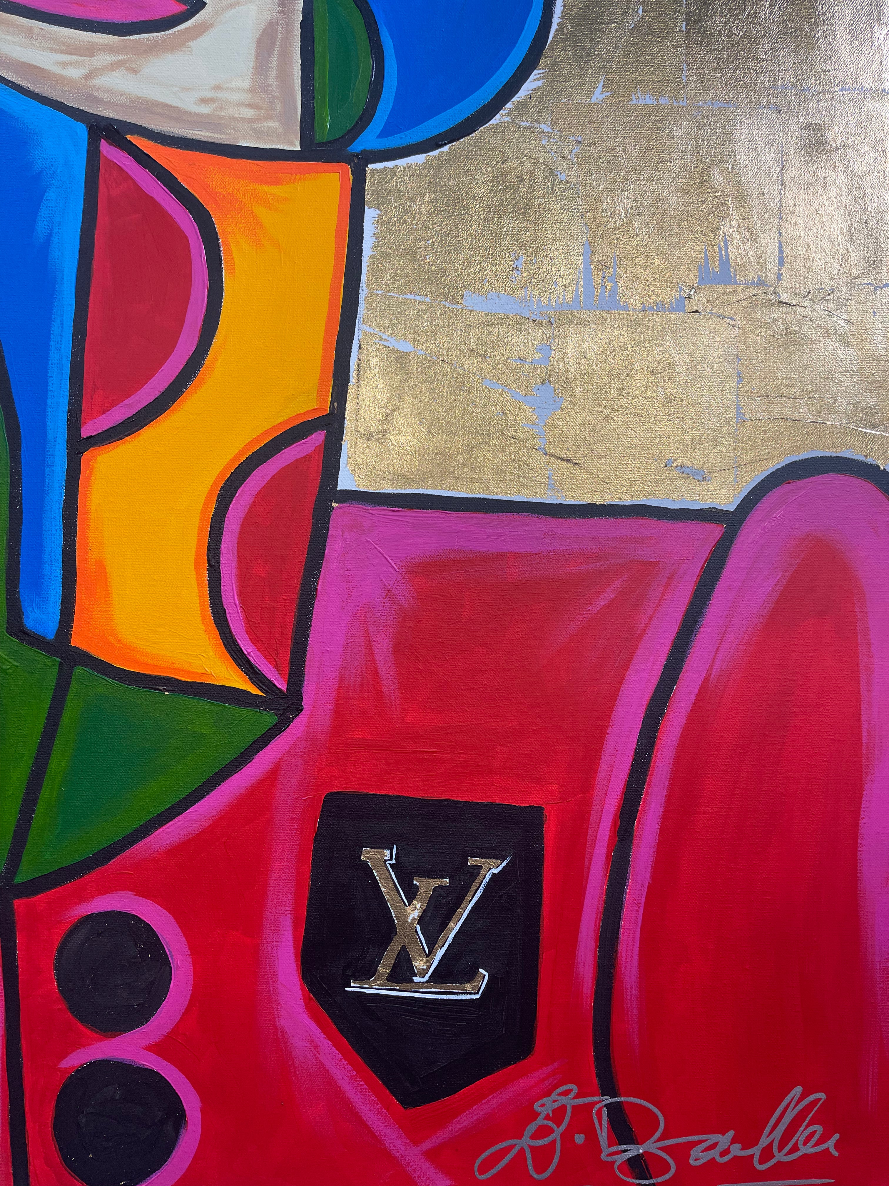 Abstract artwork with colorful shapes and a prominent Louis Vuitton logo on a gold background.