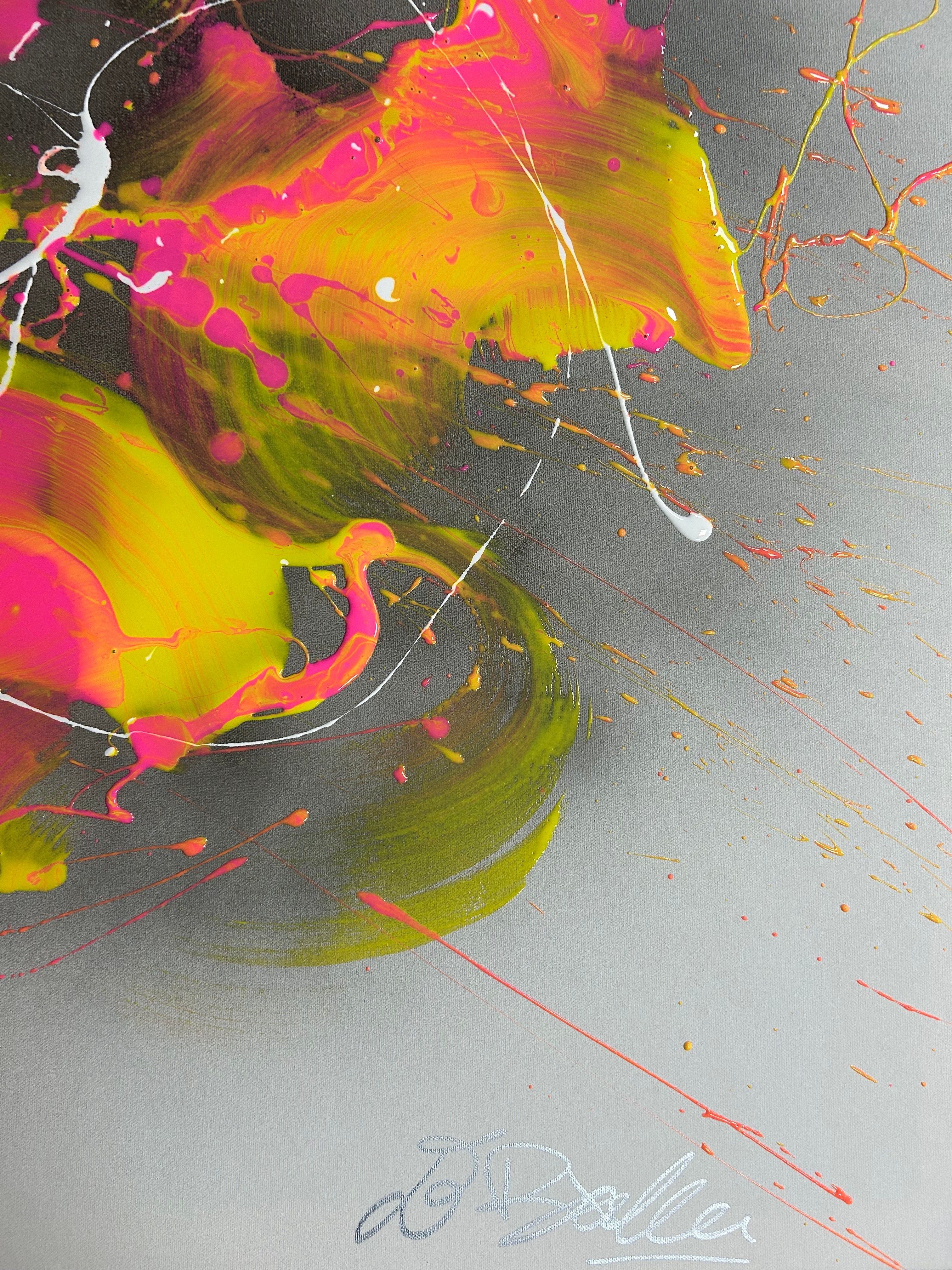 Abstract art with splashes of pink, yellow, and green on a gray background