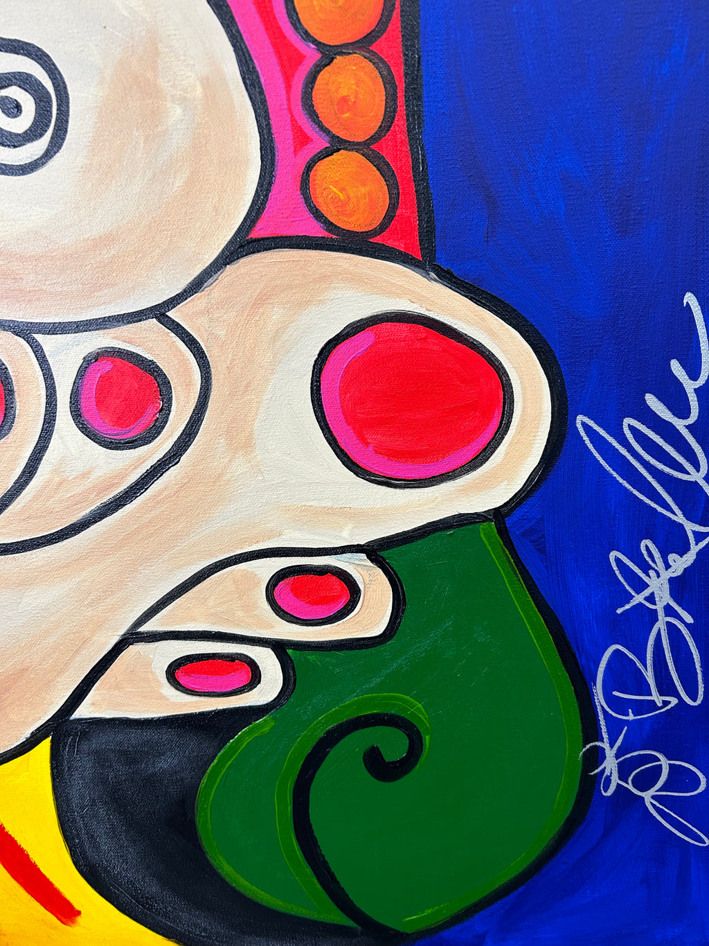 Cubist Women of the World painting detail showing Picasso-inspired geometric patterns and vibrant palette.