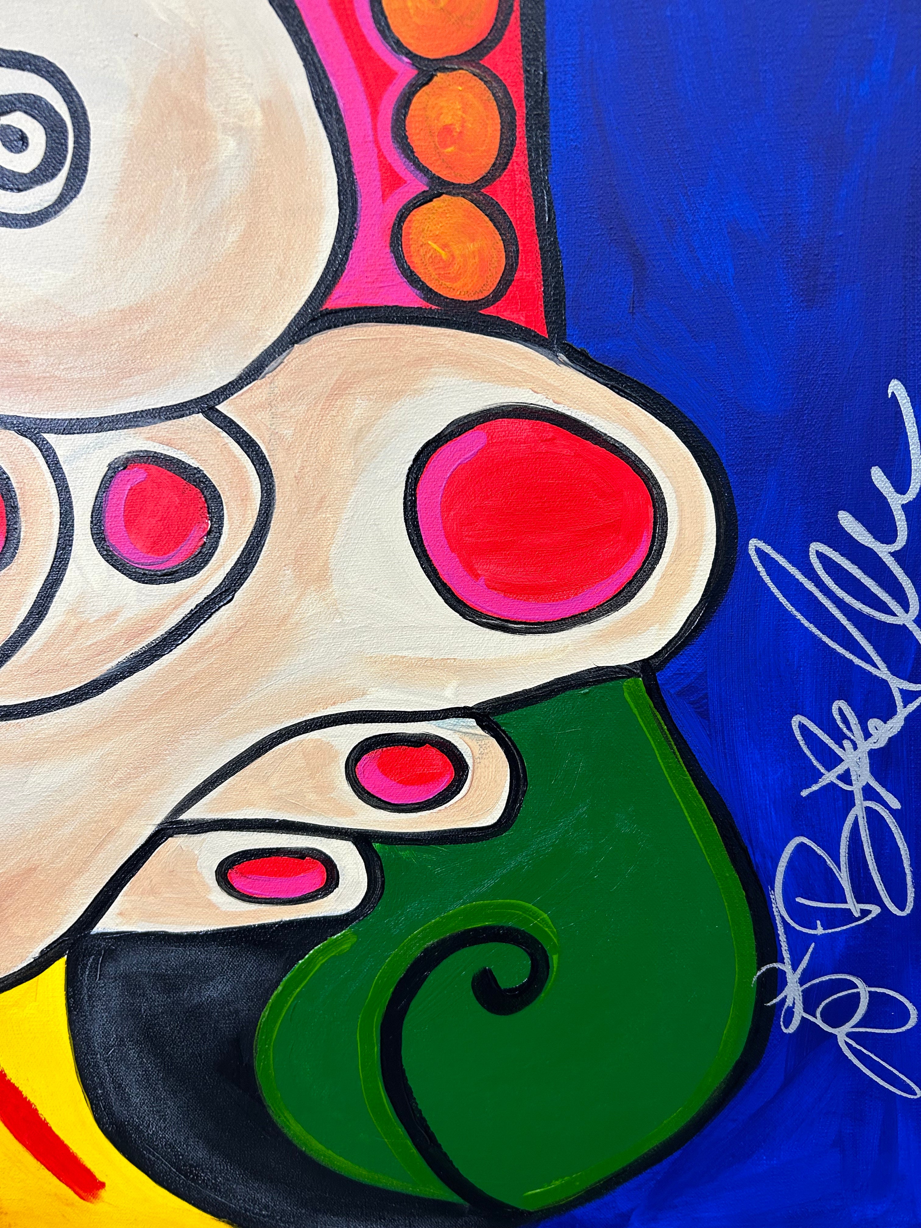 Cubist Women of the World painting detail showing Picasso-inspired geometric patterns and vibrant palette.