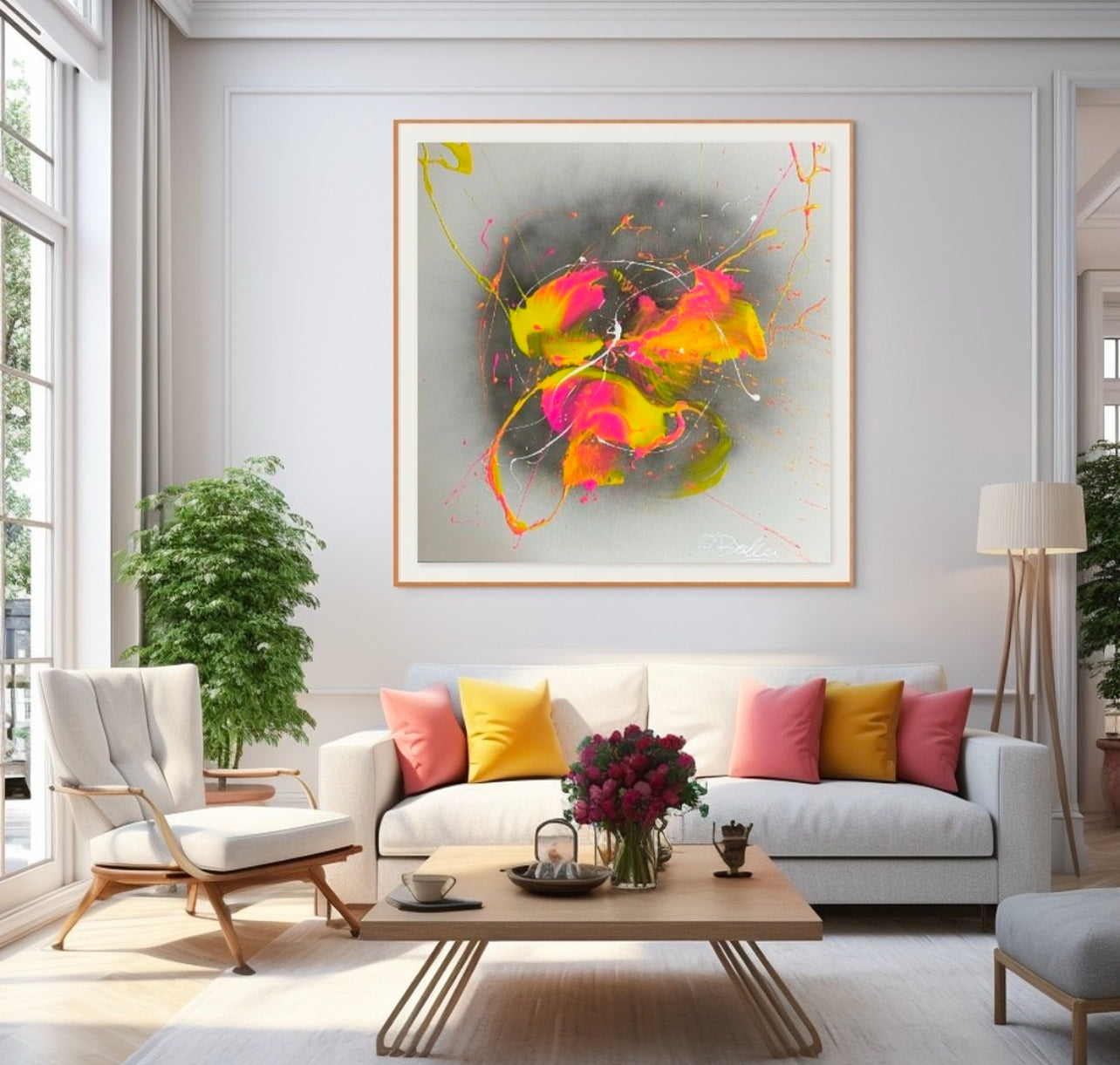 Modern living room with a colorful abstract painting on the wall, white sofa with colorful cushions, and a wooden coffee table.