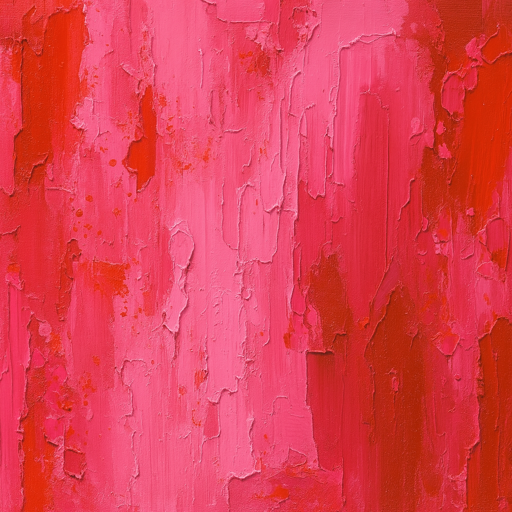 "Raw Emotions artwork - texture detail of palette knife strokes in red and pink"