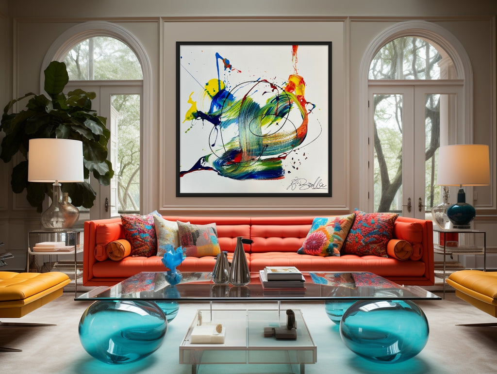 Modern living room with orange sofa, colorful abstract painting, and decorative items.