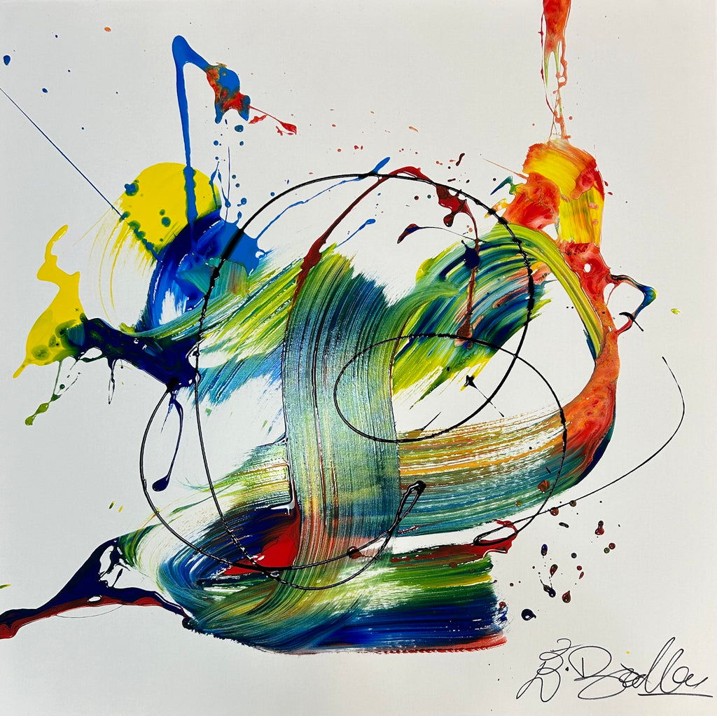 Abstract artwork with vibrant colors on a white background