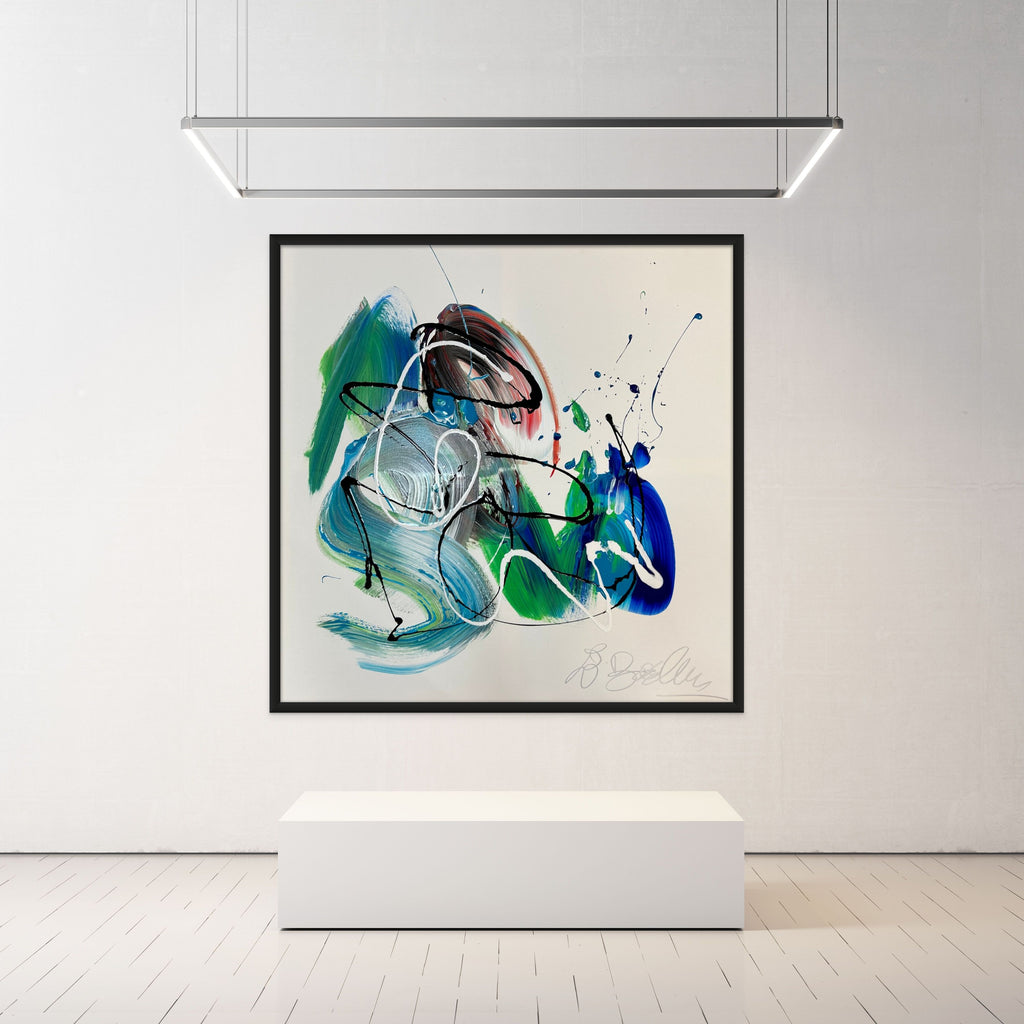 Original abstract blue wave painting for sale, large 100x100cm canvas art for modern home decor.

