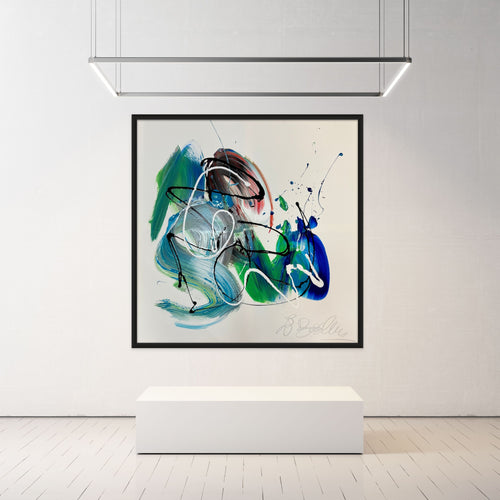 Original abstract blue wave painting for sale, large 100x100cm canvas art for modern home decor.
