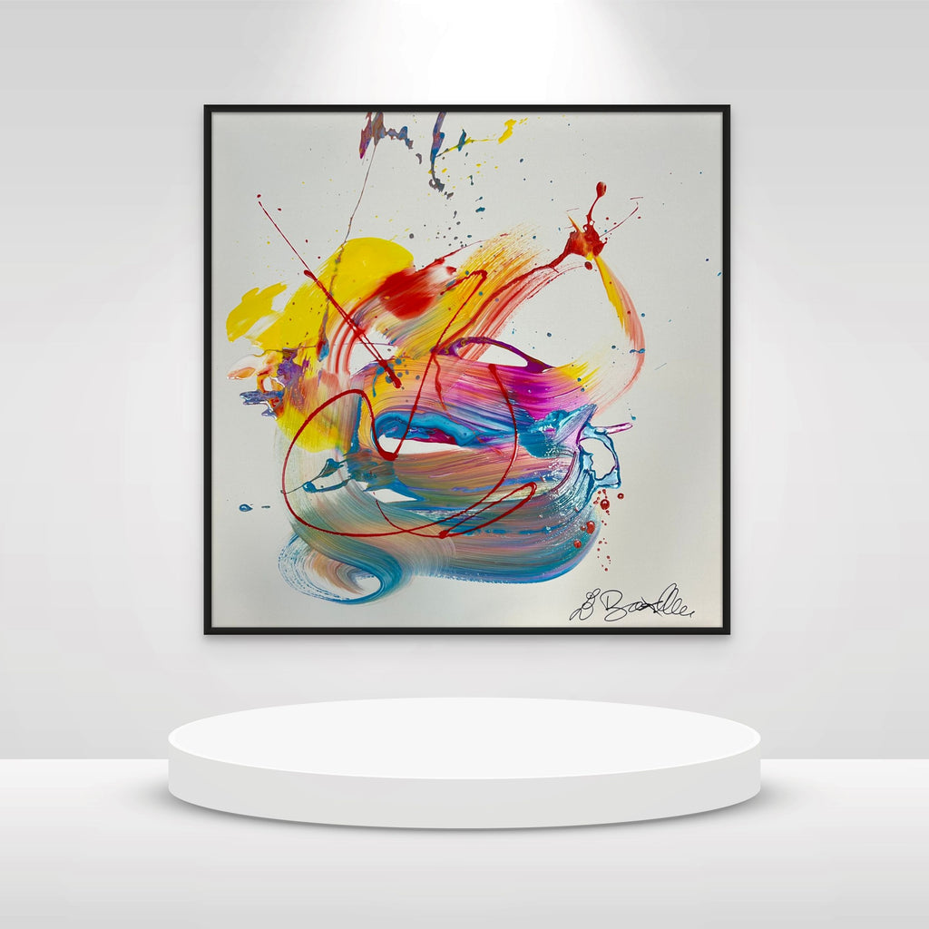 Pink Waves of Time abstract art displayed in modern interior setting.
