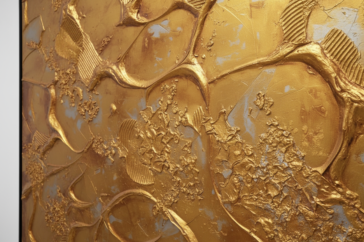 "Detail view of Liquid Gold artwork upper right showing ridged linear gold textures, organic forms, and sculptural surface depth by Carey Baxendale"
