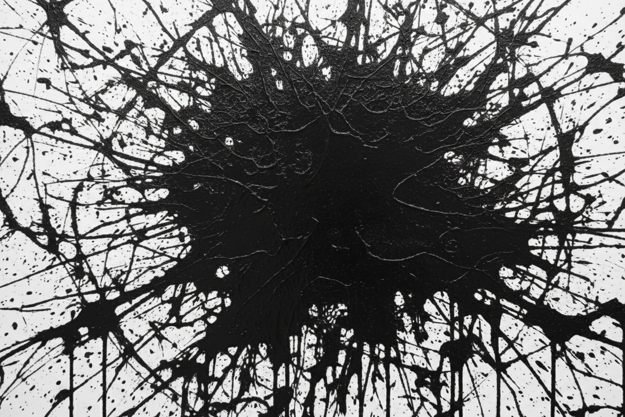 Black abstract splatter pattern on a white background