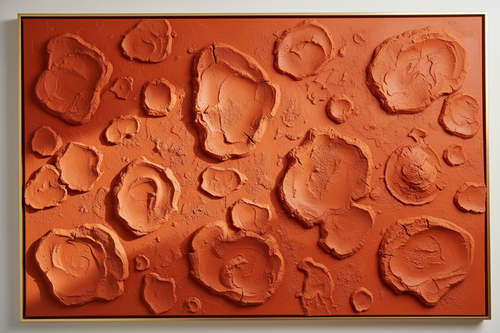 Abstract terracotta sculpture with various shapes and textures on a beige background