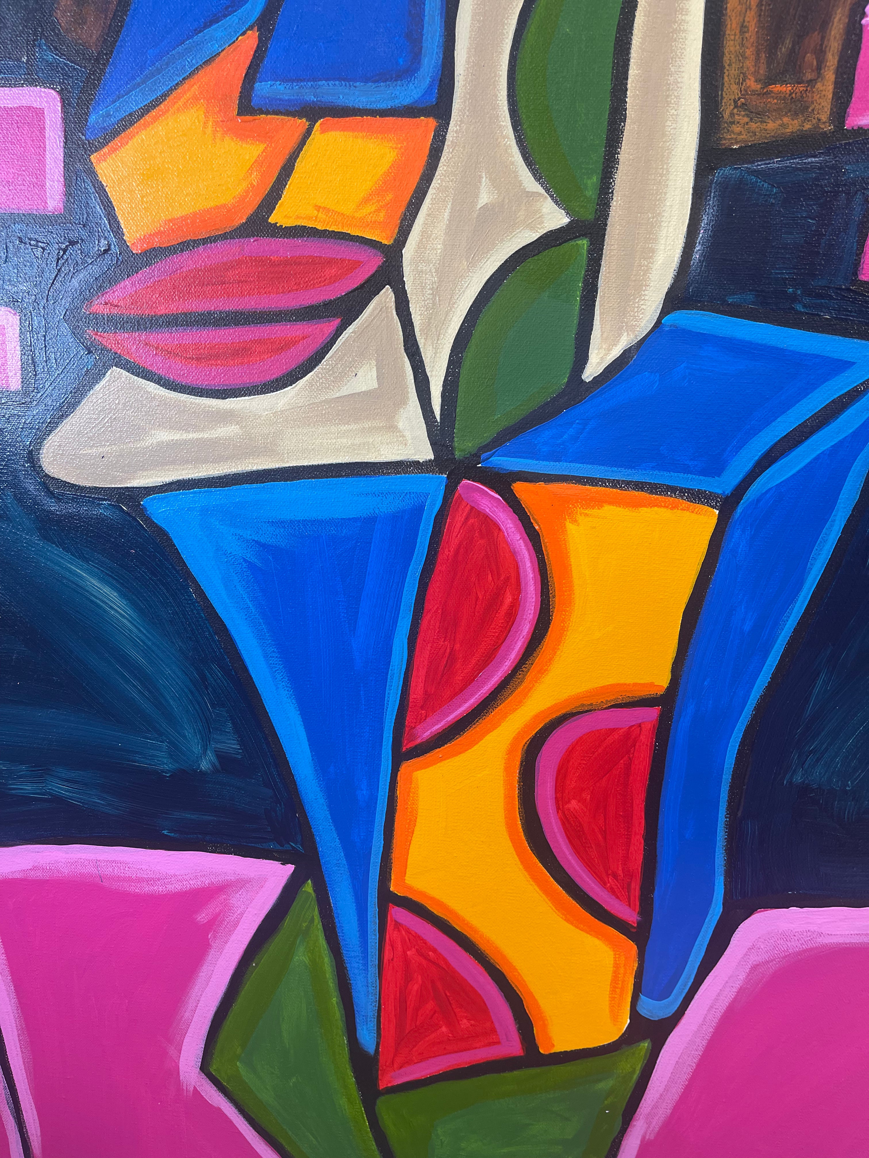 Abstract artwork with colorful geometric shapes on a dark background