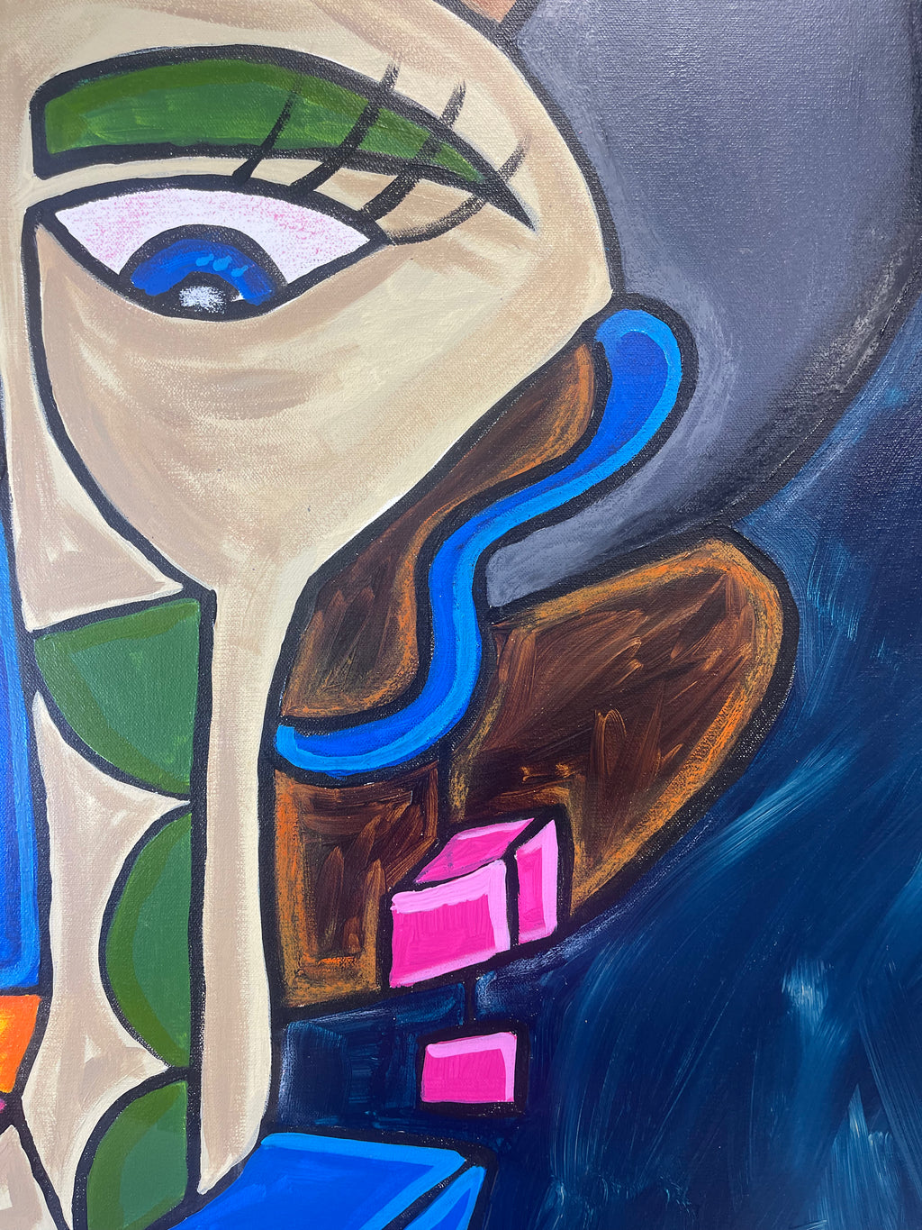 Abstract artwork with a stylized face featuring an eye, nose, and mouth on a blue background.