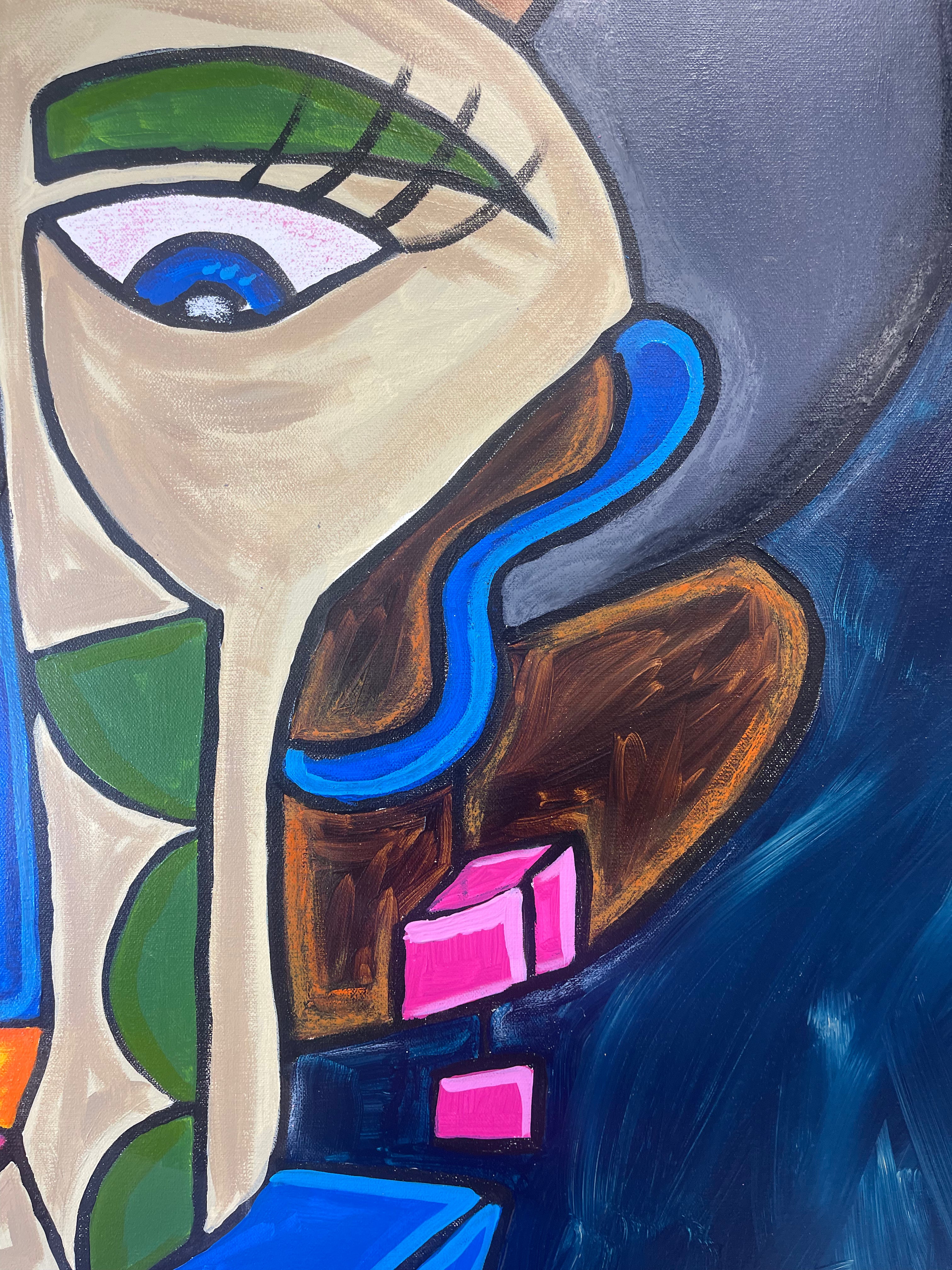 Abstract artwork with a stylized face featuring an eye, nose, and mouth on a blue background.