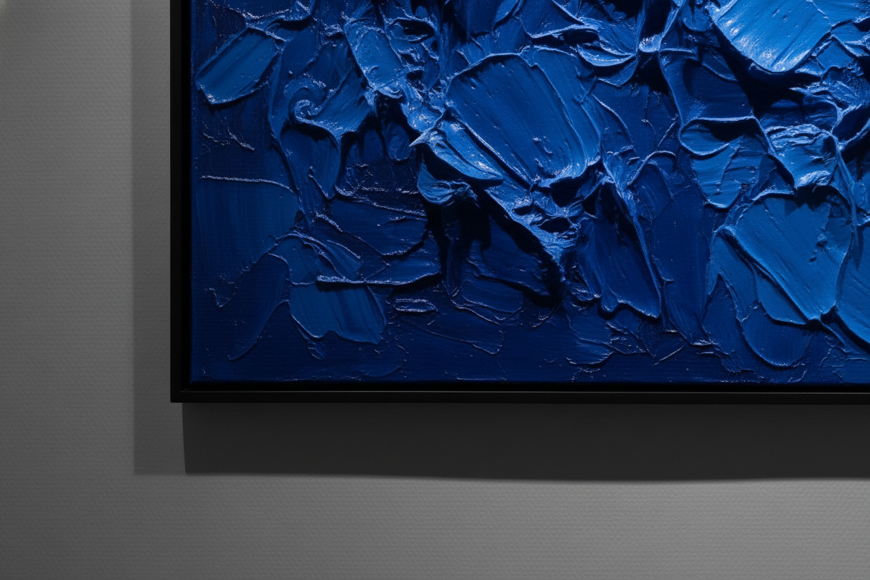 Abstract blue painting on a gray wall