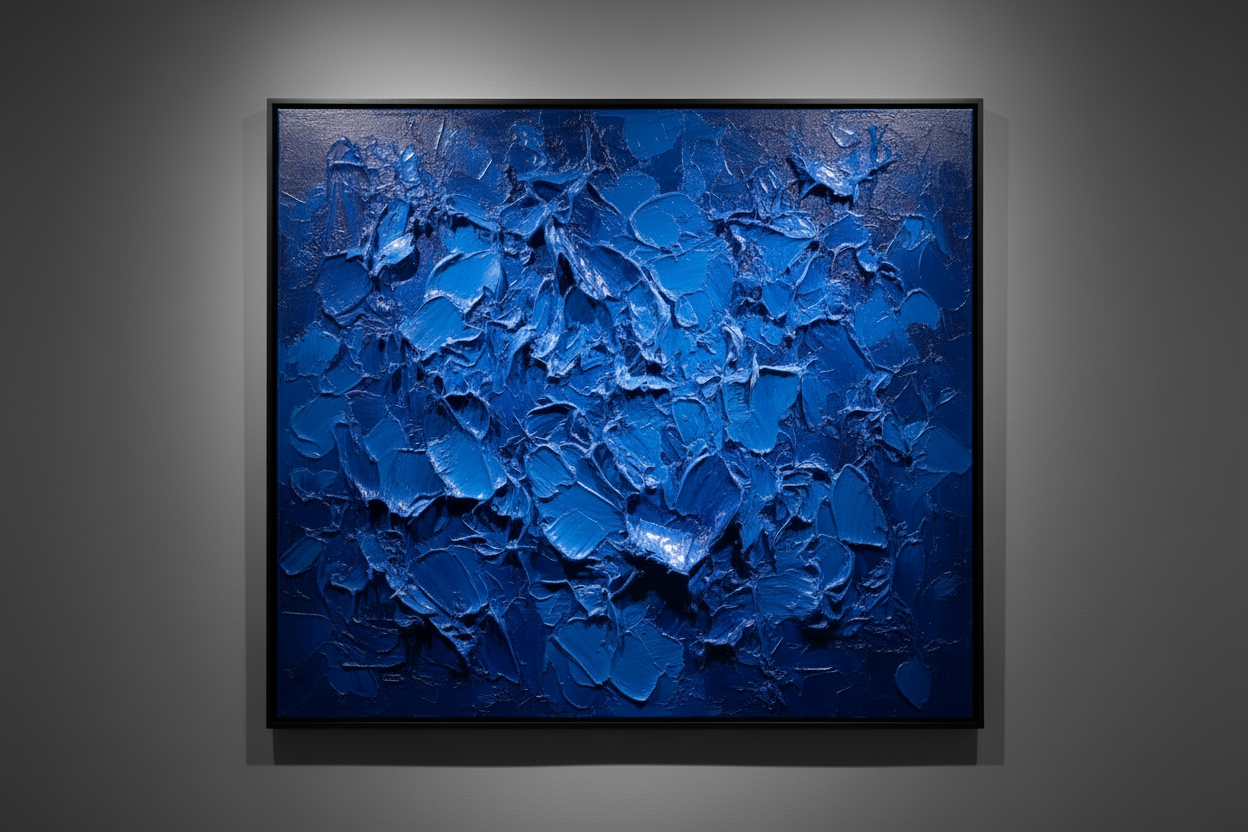 Abstract blue painting on a gray wall