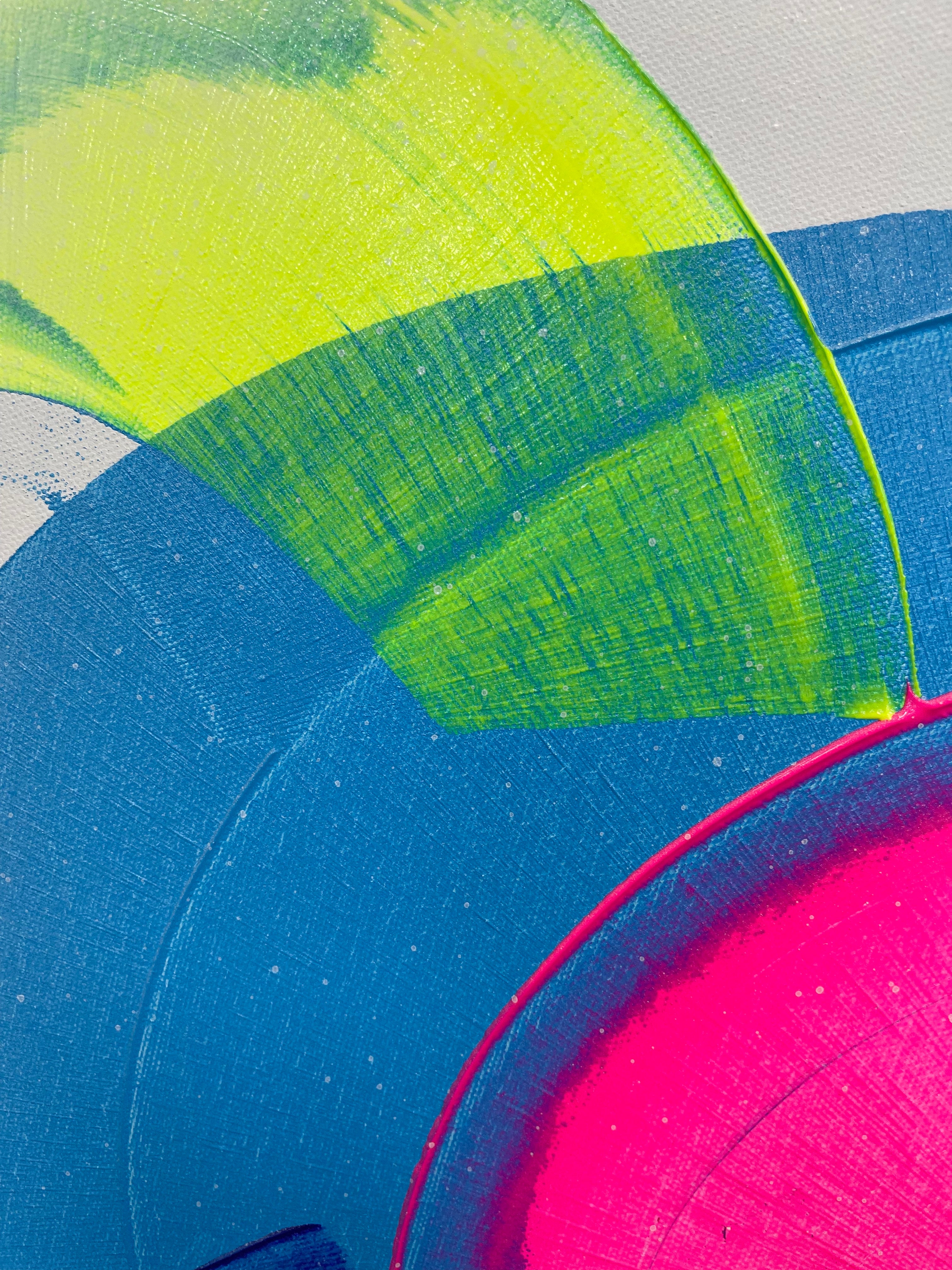 Close-up of a colorful abstract painting with blue, green, and pink hues.