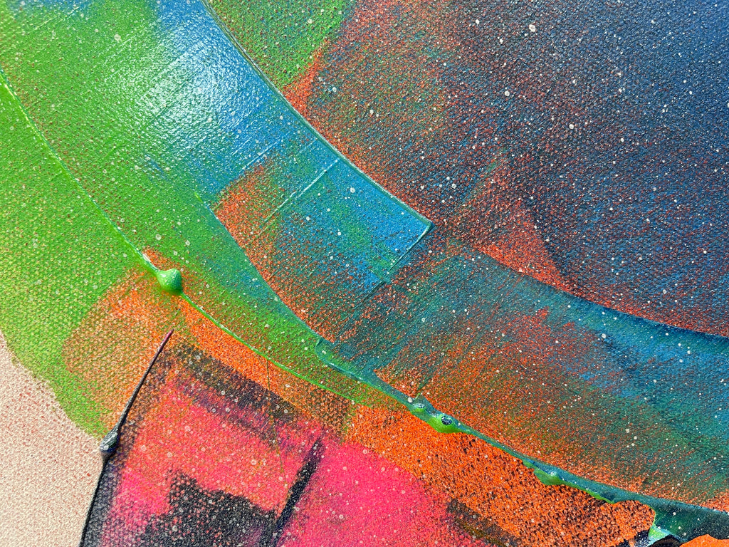 Abstract art with a mix of green, blue, red, and brown colors.