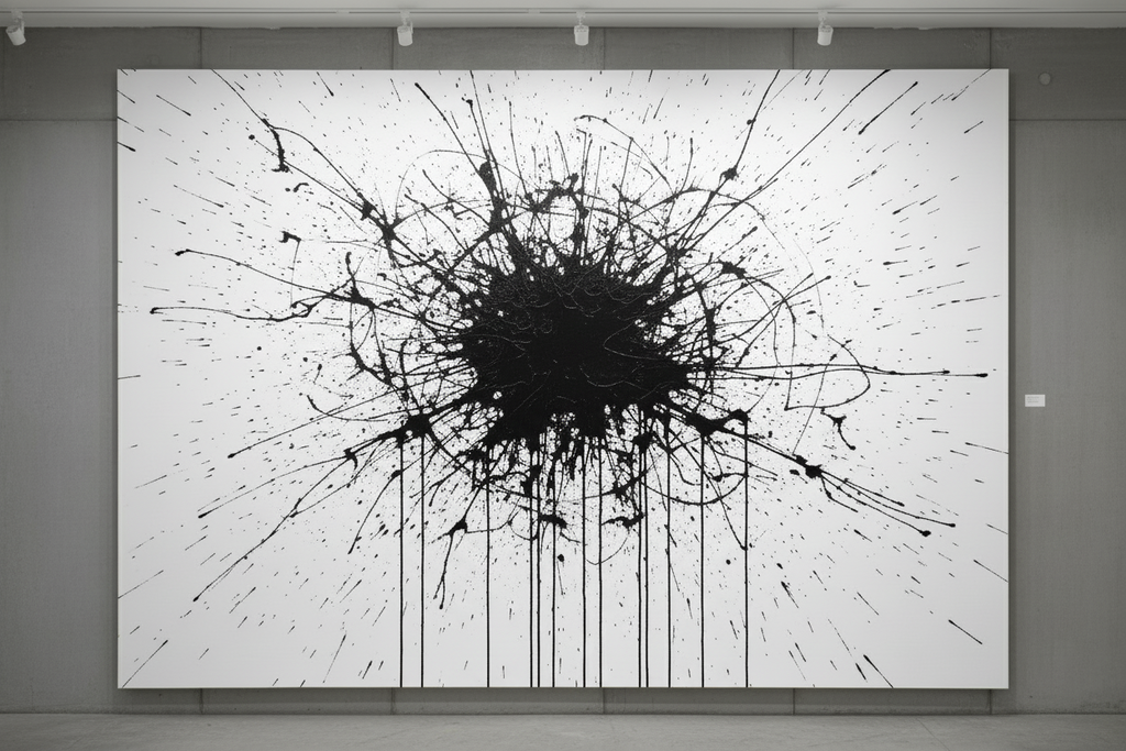 Abstract black paint splatter on a white wall in an art gallery setting