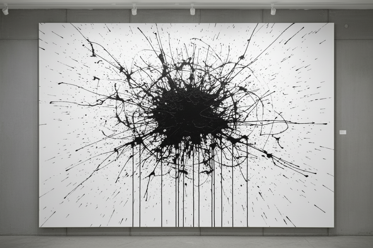 Abstract black paint splatter on a white wall in an art gallery setting