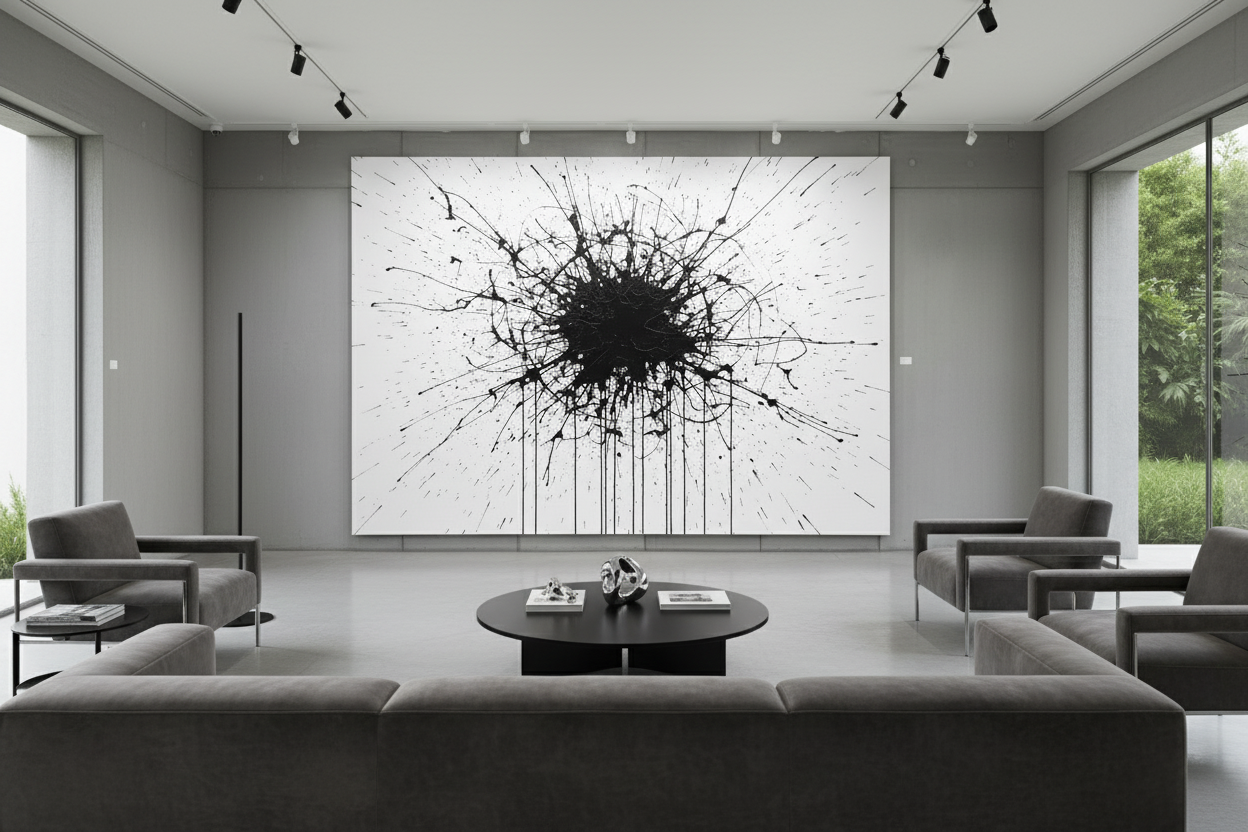 Modern living room with abstract wall art and gray furniture