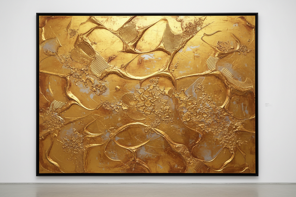 "Large gold textured canvas art print Liquid Gold by Carey Baxendale hanging in upscale urban apartment living room with designer furniture and sophisticated decor, luxury home interior"