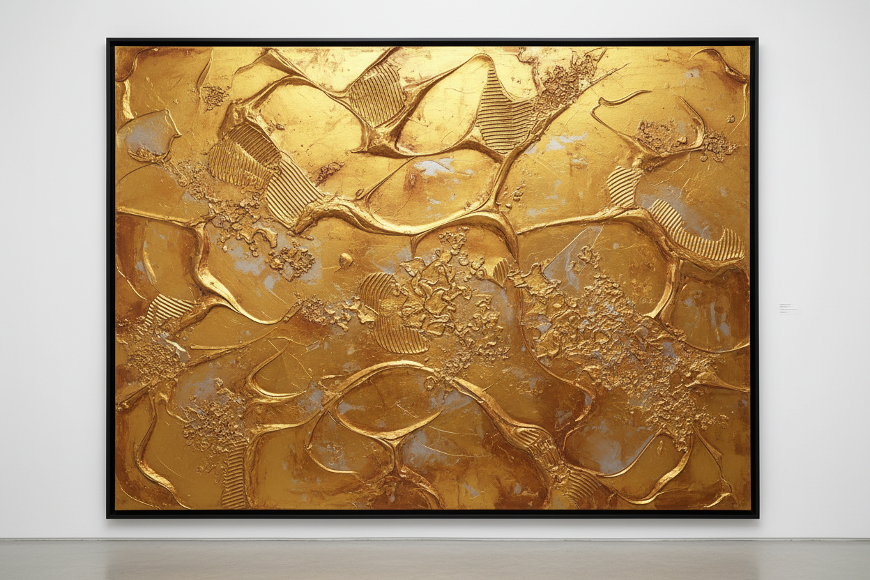 "Large gold textured canvas art print Liquid Gold by Carey Baxendale hanging in upscale urban apartment living room with designer furniture and sophisticated decor, luxury home interior"