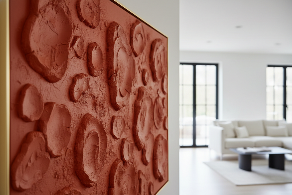 Red textured wall art in a modern living room