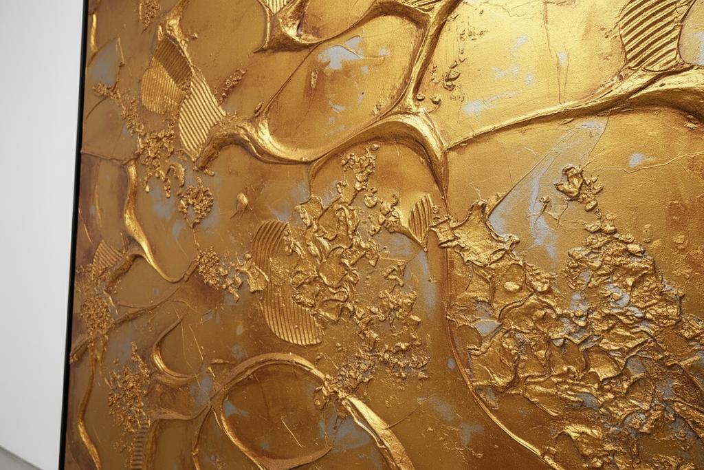 "Angled close-up of Liquid Gold artwork left center with organic cellular gold shapes, granular texture, and metallic patina by Carey Baxendale"


