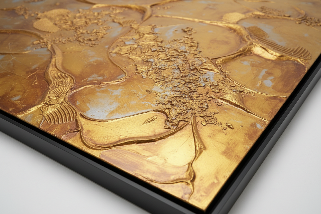 "Close-up of Liquid Gold artwork lower right detail with flowing gold textured patterns, metallic sheen, and dimensional relief by Carey Baxendale"