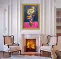Living room with a fireplace, two armchairs, and a colorful abstract painting above the mantel.