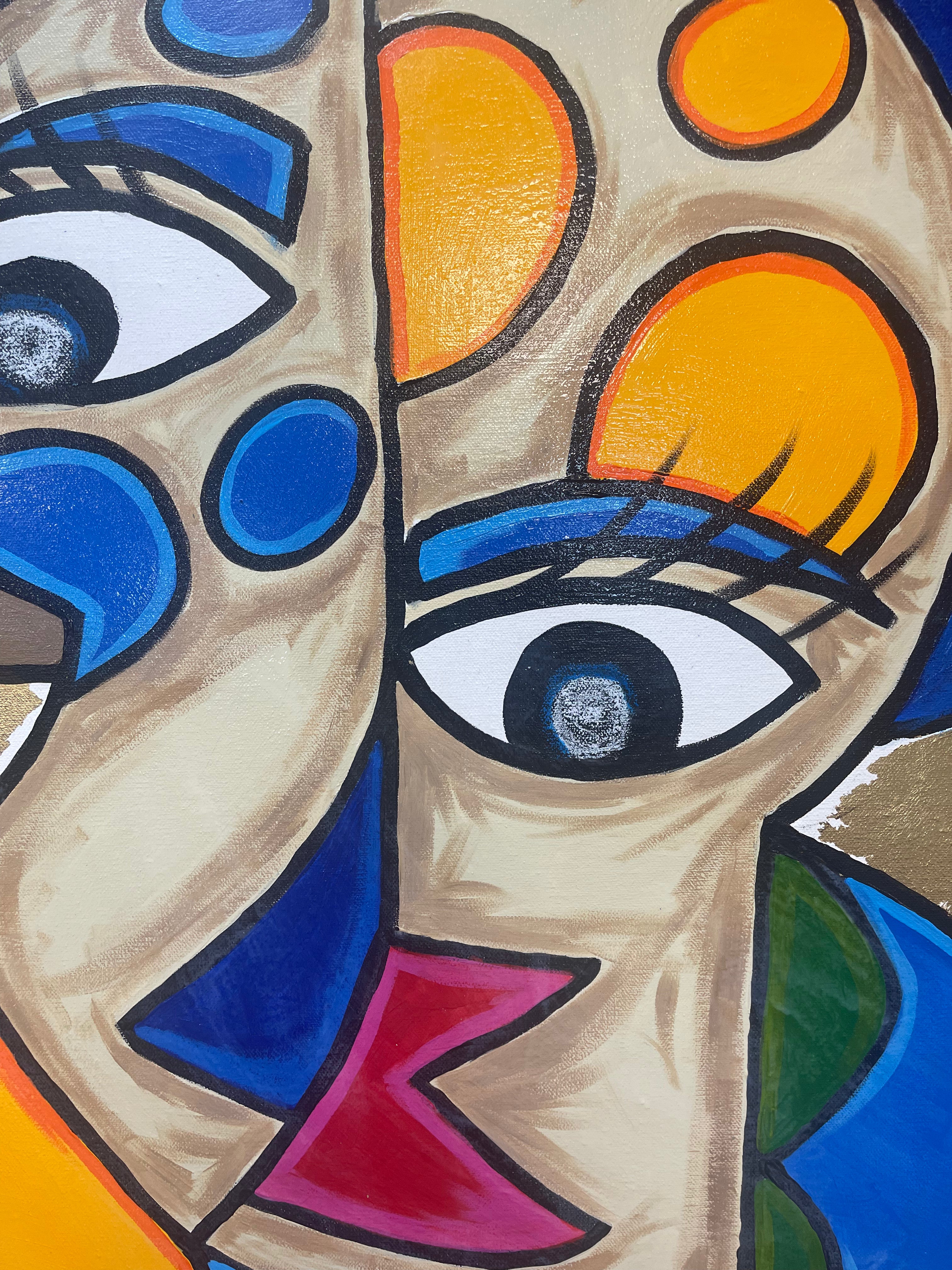 Abstract artwork with colorful eyes and geometric shapes