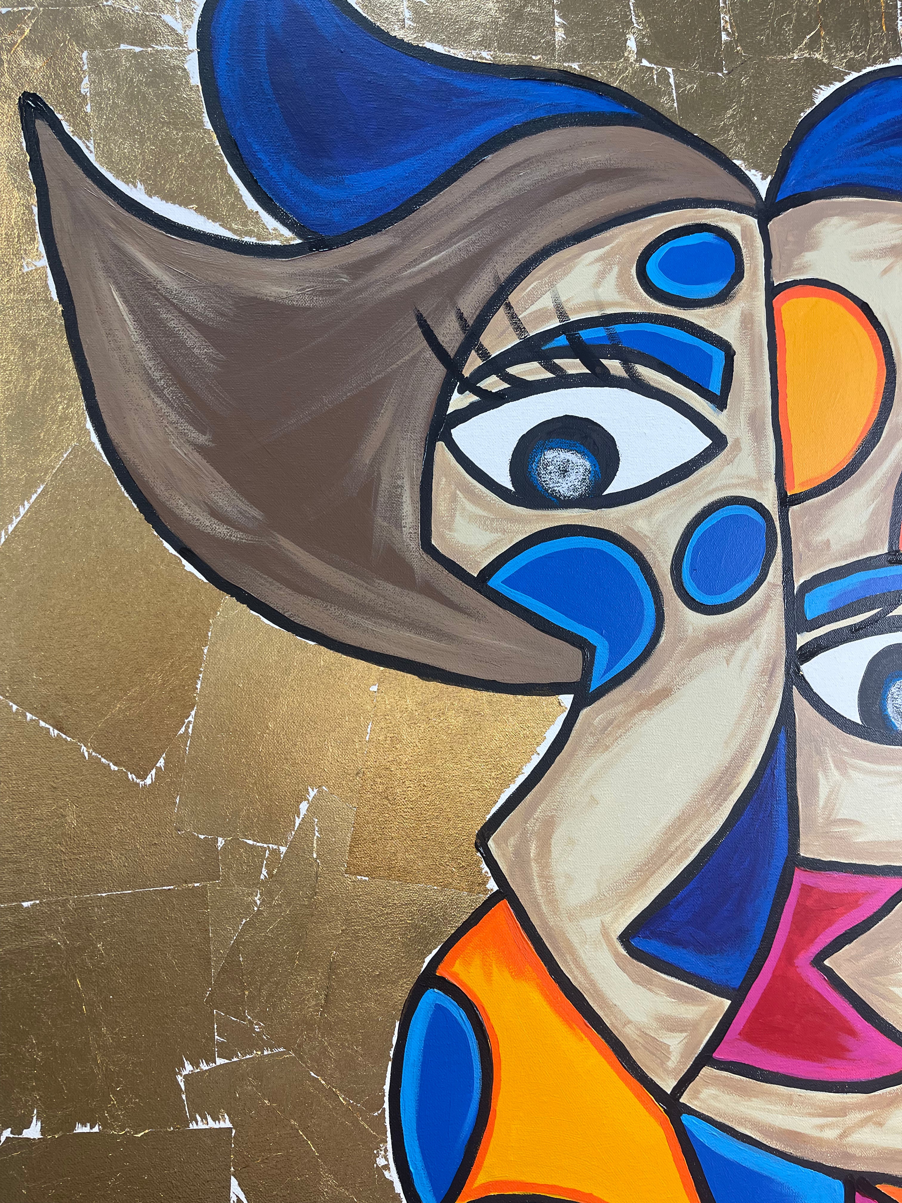 Abstract artwork with colorful shapes and a textured gold background