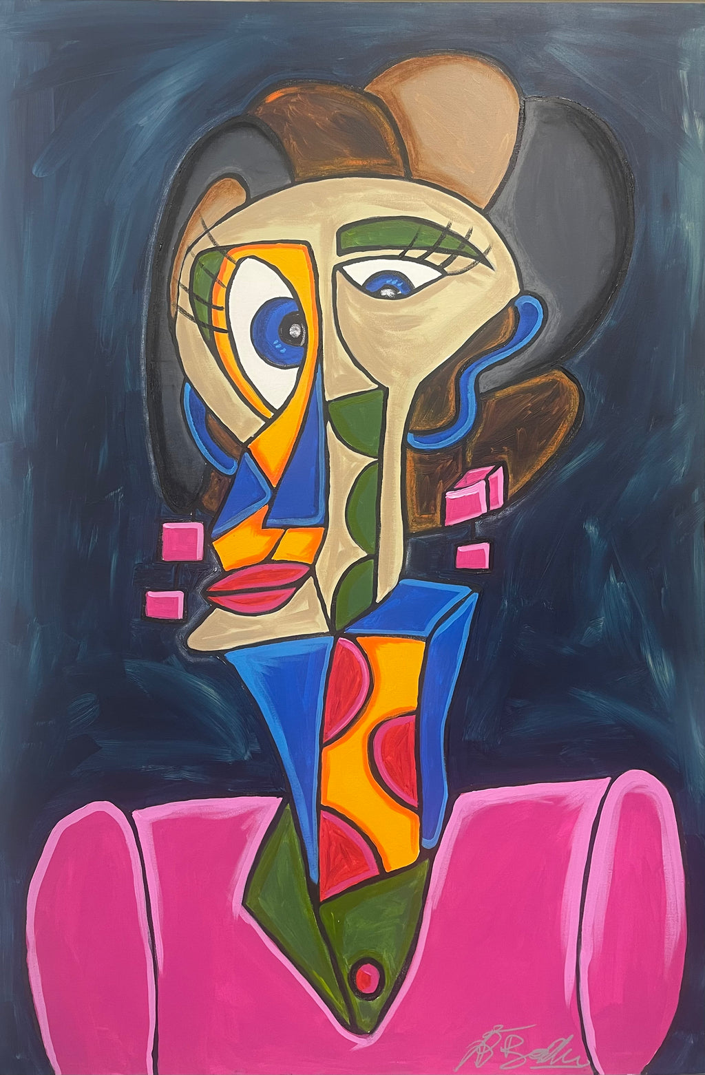 Abstract artwork with a stylized face on a dark background