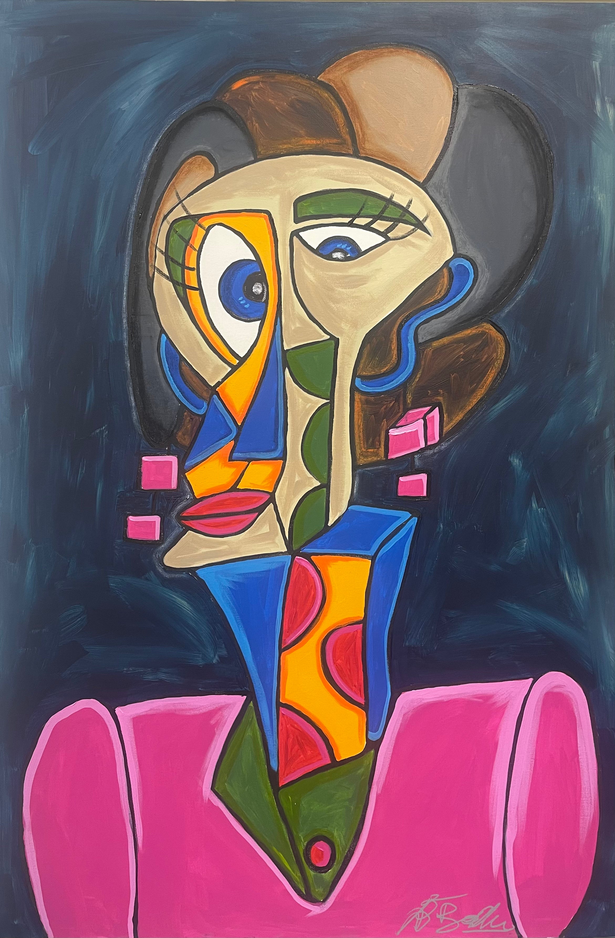 Abstract artwork with a stylized face on a dark background