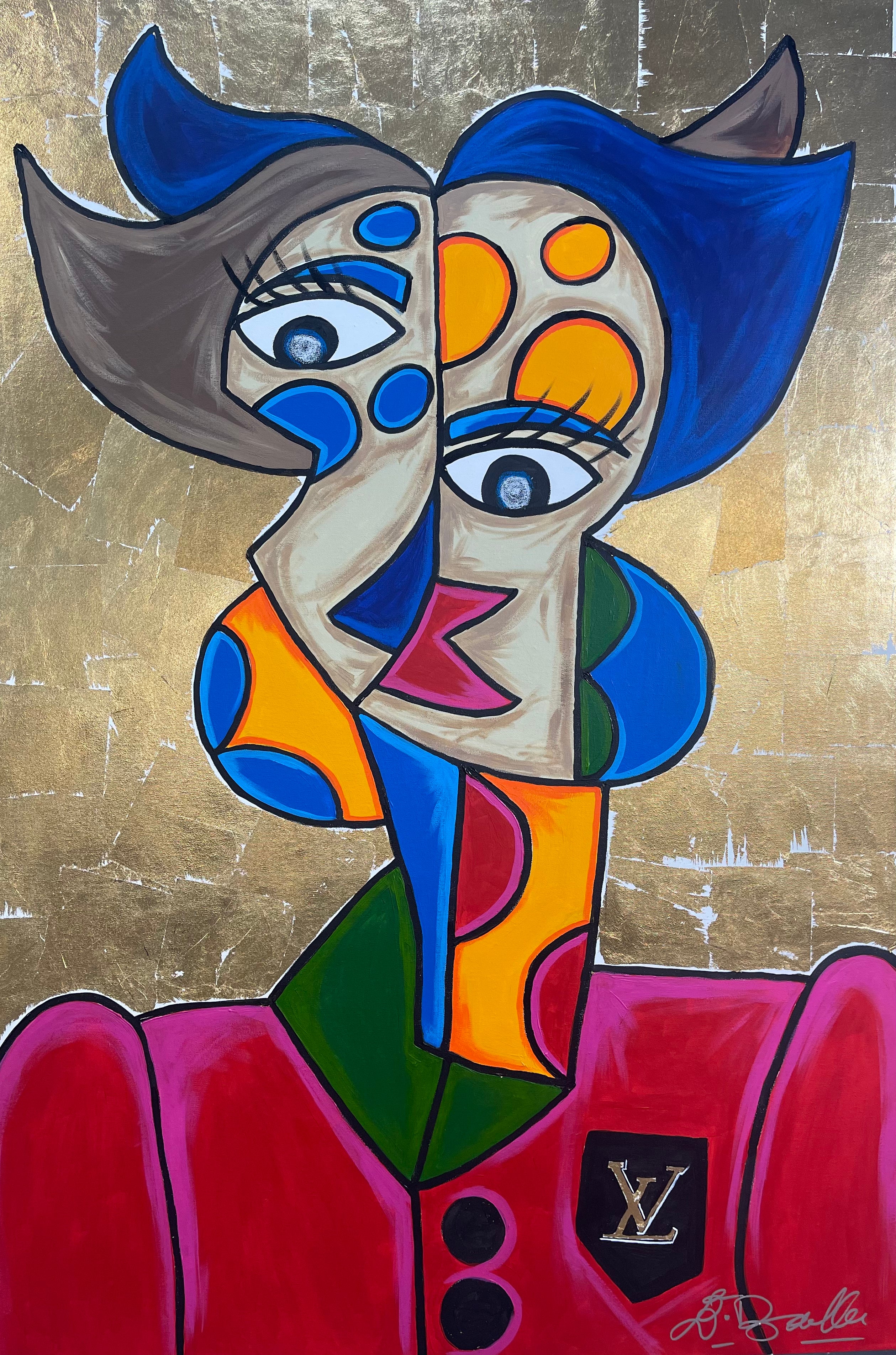 Abstract artwork with colorful design on a gold background