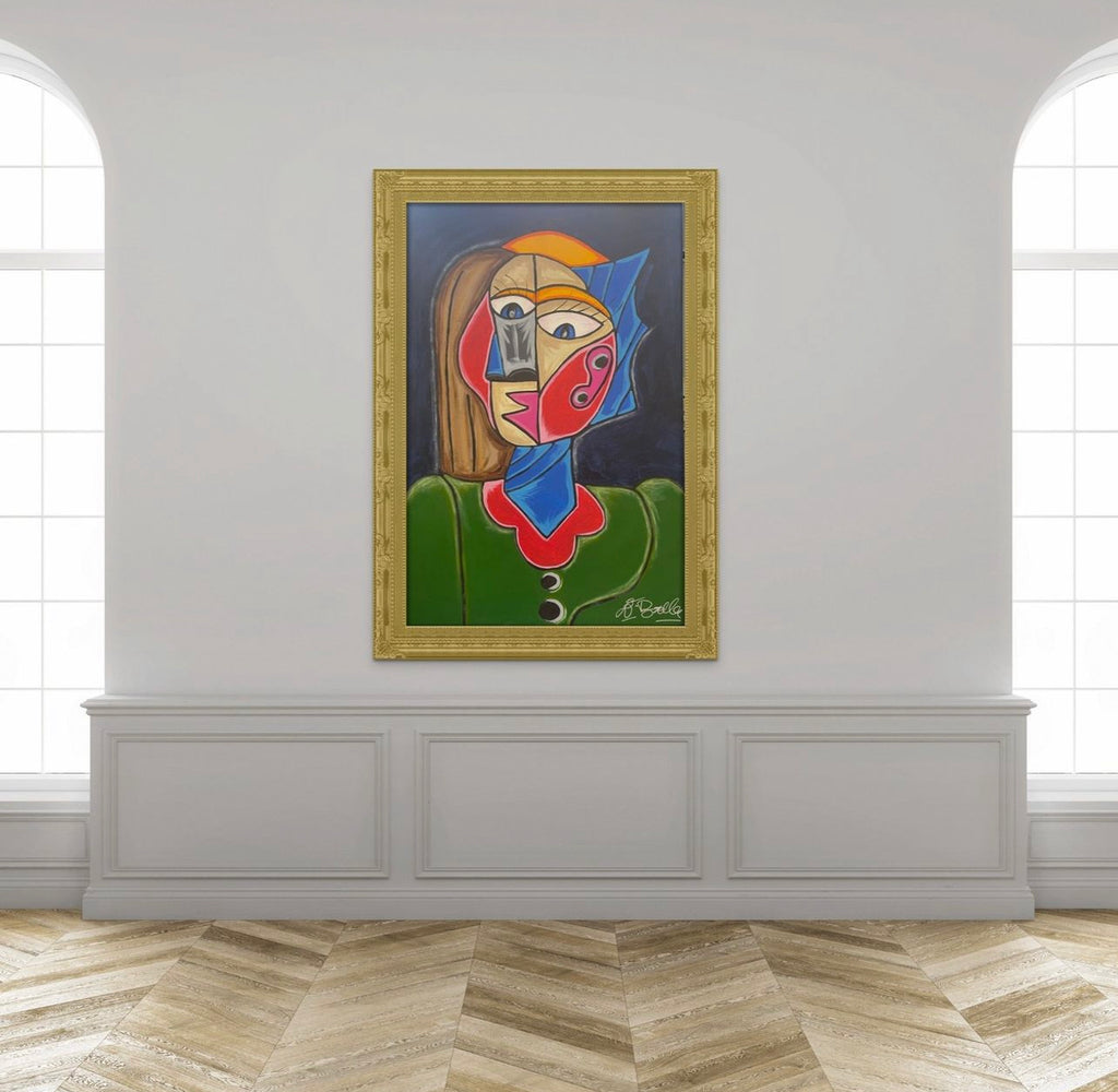 Framed abstract painting on a wall with arched windows and wooden floor.