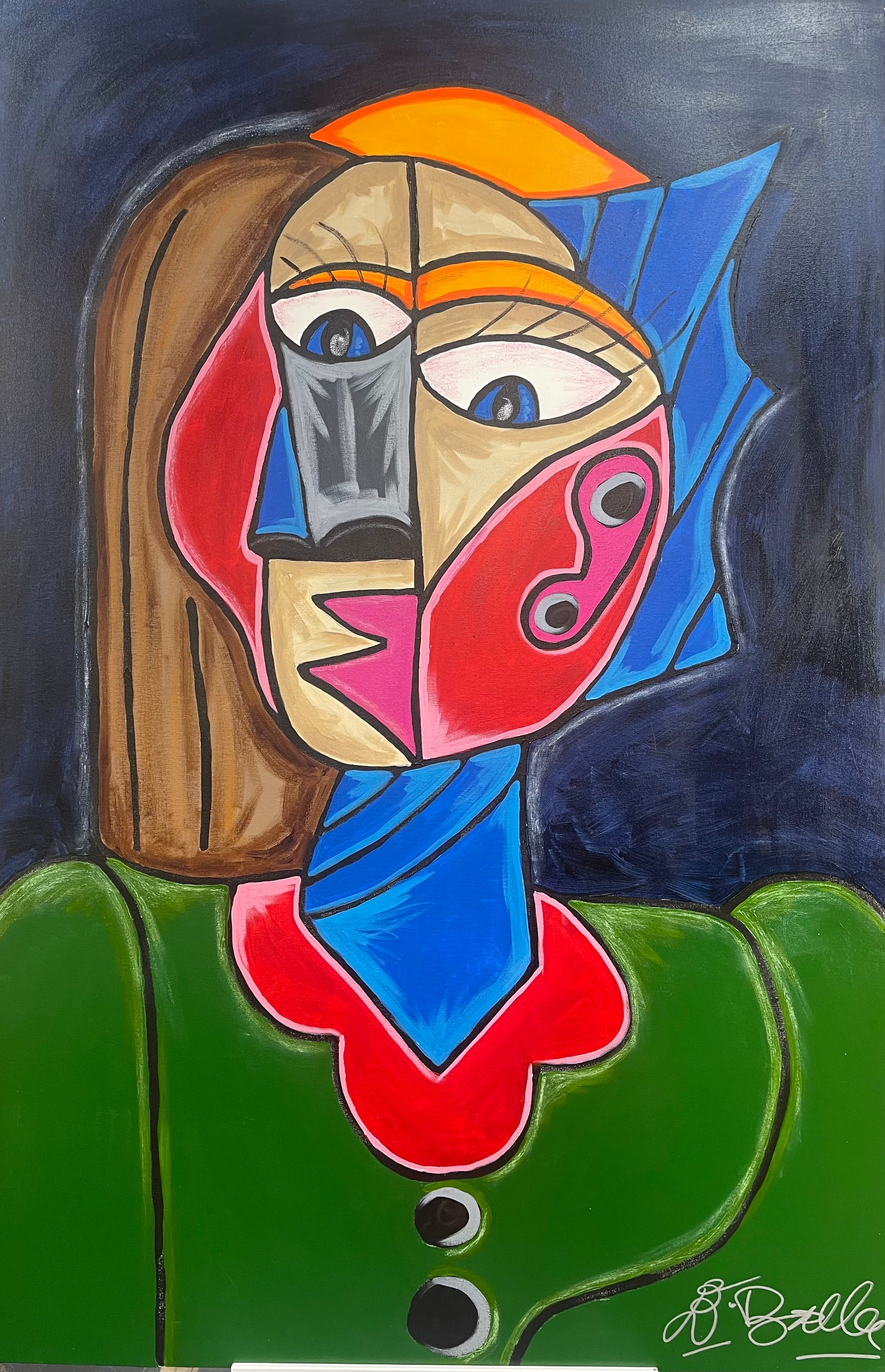 Abstract painting of a face with geometric shapes and a green garment on a dark background