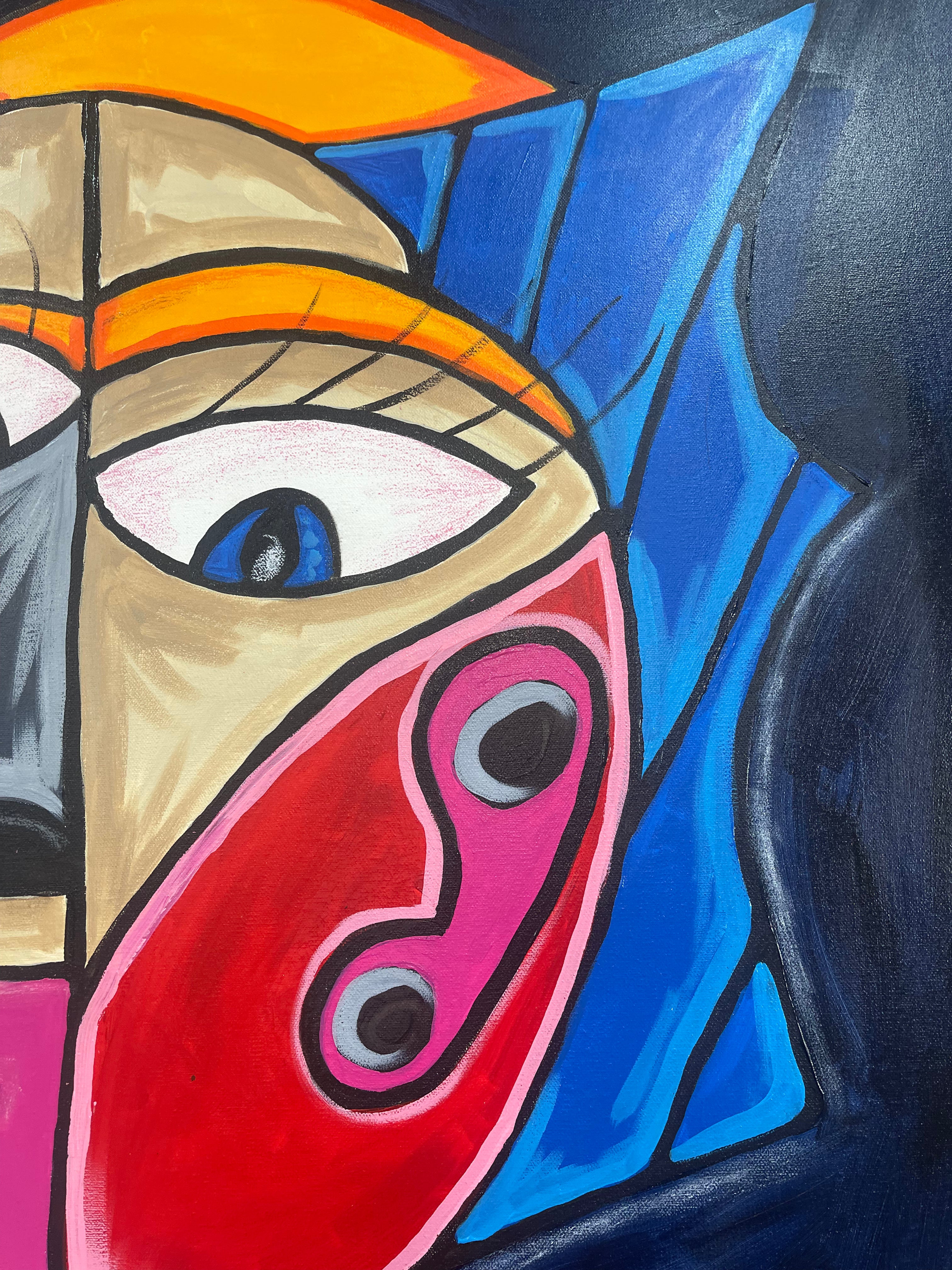 Abstract artwork with colorful geometric shapes and a prominent eye-like design.