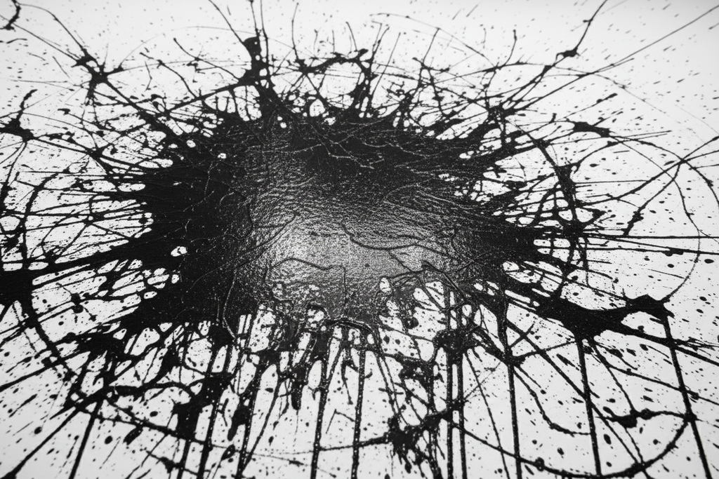 Black abstract splatter pattern on a white background