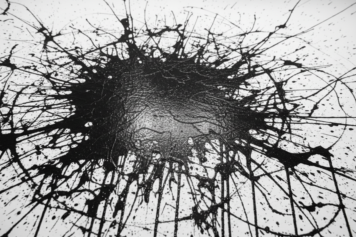 Black abstract splatter pattern on a white background