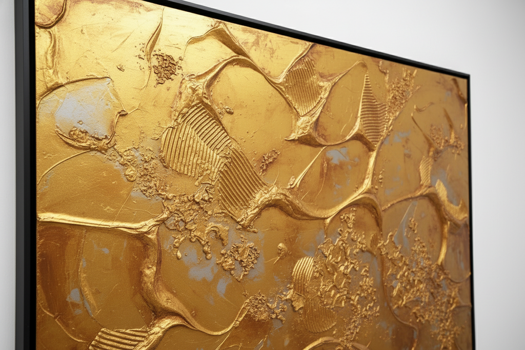 "Detail view of Liquid Gold artwork upper right showing ridged linear gold textures, organic forms, and sculptural surface depth by Carey Baxendale"