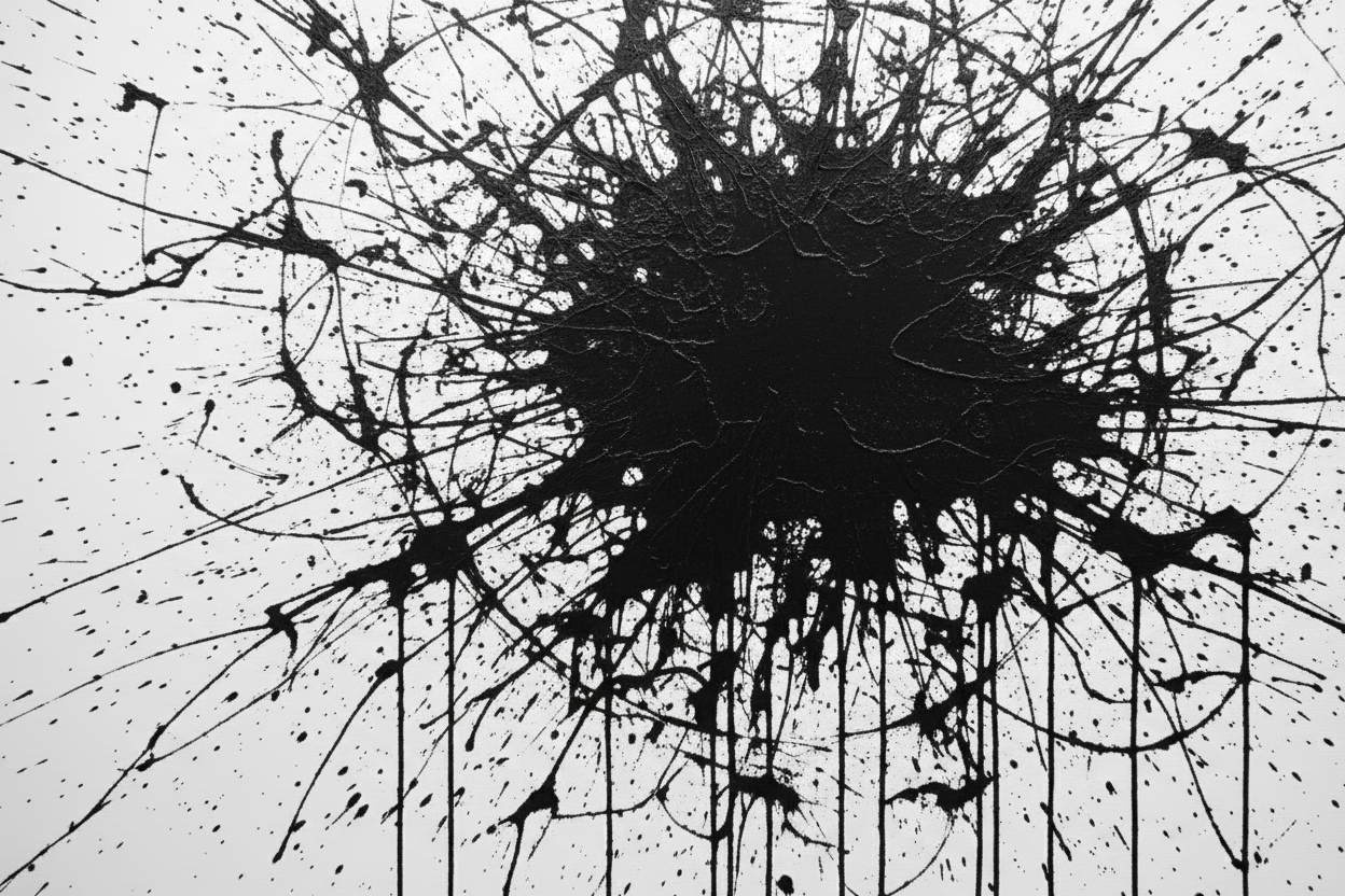 Black abstract splatter design on a white background