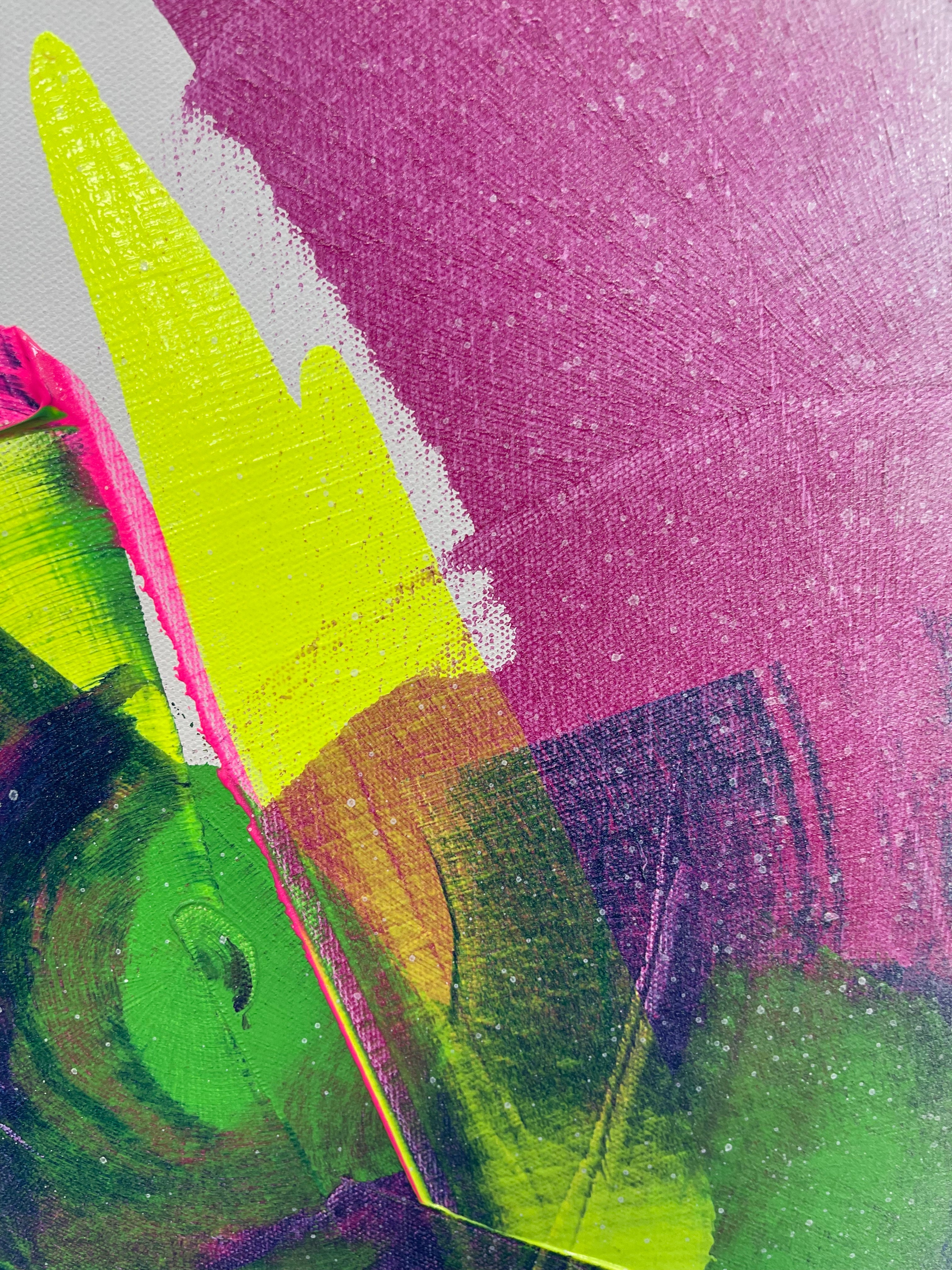 Abstract art with bright green, yellow, and pink colors on a textured purple background